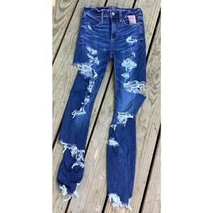 American Eagle Super Hi Rise Jegging Size 2 Tomgirl Destroyed Ripped Blue Denim